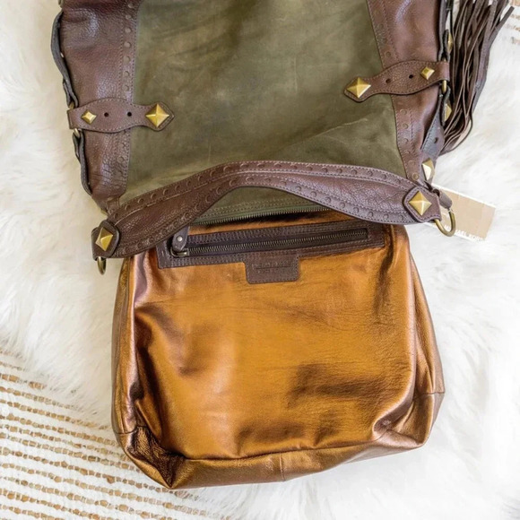 NWT! MICHAEL KORS COLLEGIATE STUDDED BROWN LEATHER OLIVE GREEN SUEDE BAG - Picture 14 of 15